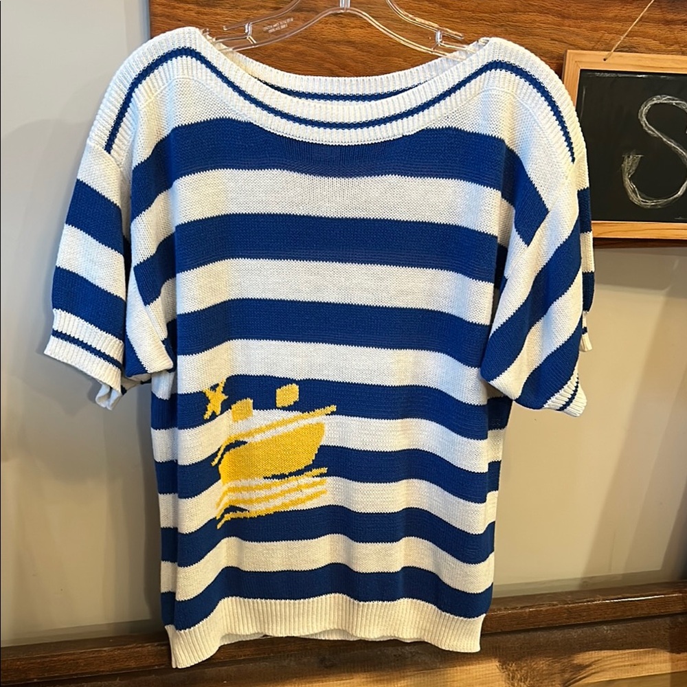 Vintage Koret Blue and White Striped Sweater with Yellow Boat Design